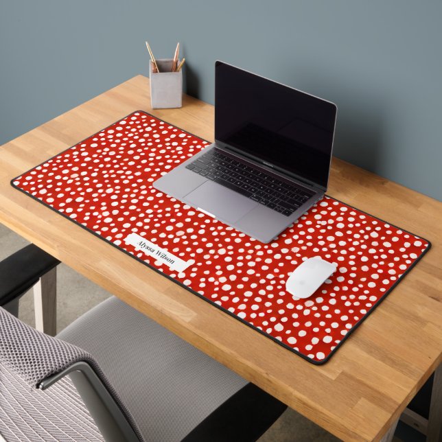 Abstract Red & White Watercolor Polka Dot Desk Mat (Office 2)