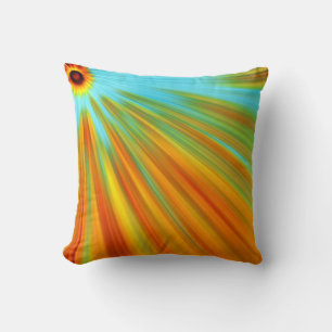 Abstract red yellow orange green stripes on blue cushion