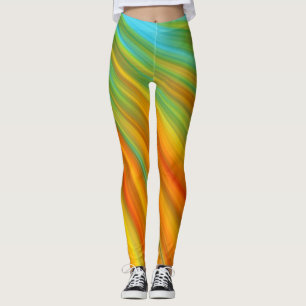 Abstract red yellow orange green stripes on blue leggings