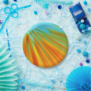 Abstract  red yellow orange green stripes on blue  paper plate