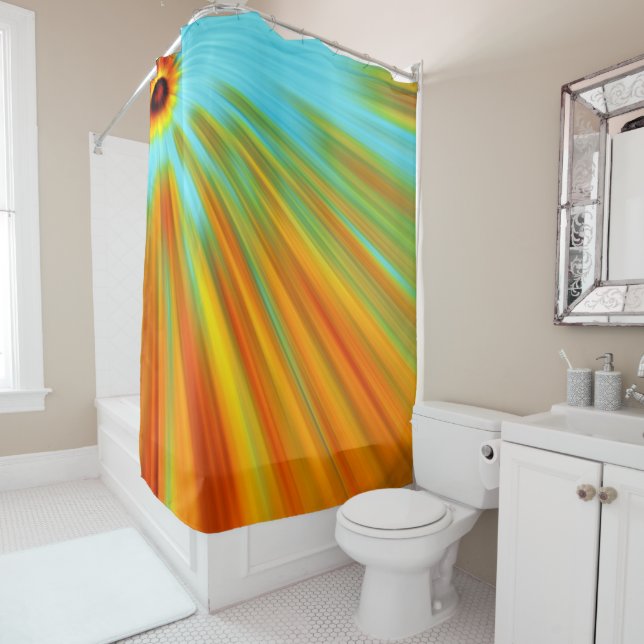 Abstract  red yellow orange green stripes on blue  shower curtain (In Situ)