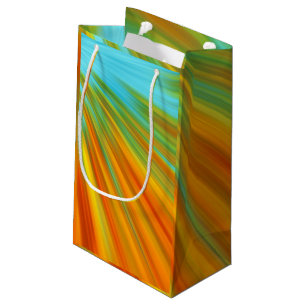 Abstract red yellow orange green stripes on blue small gift bag
