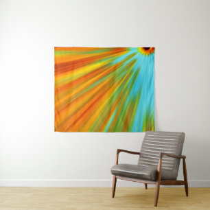 Abstract red yellow orange green stripes on blue tapestry