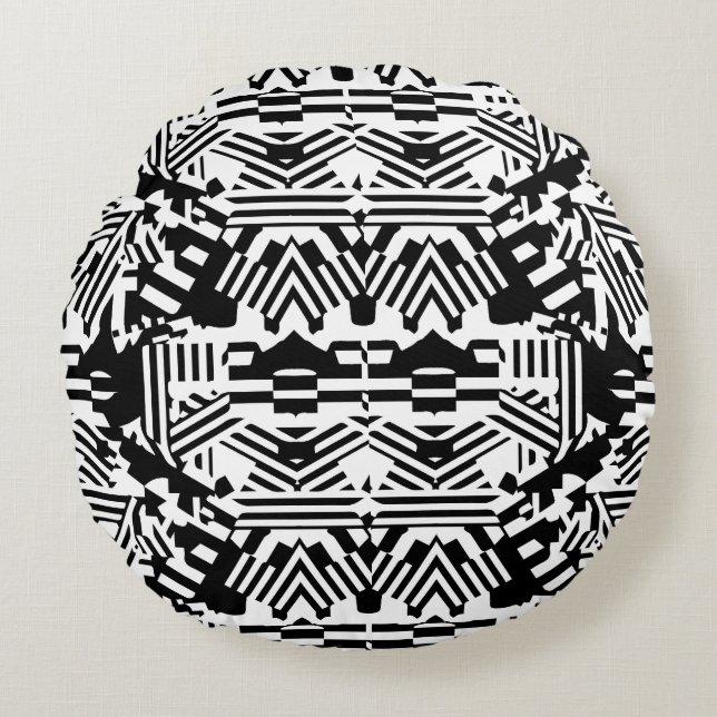 Abstract Reflections: Lines, Cubes, and Monochrome Round Cushion (Front)