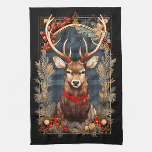 Abstract Reindeer Antlers Red and Green Pine Tea Towel