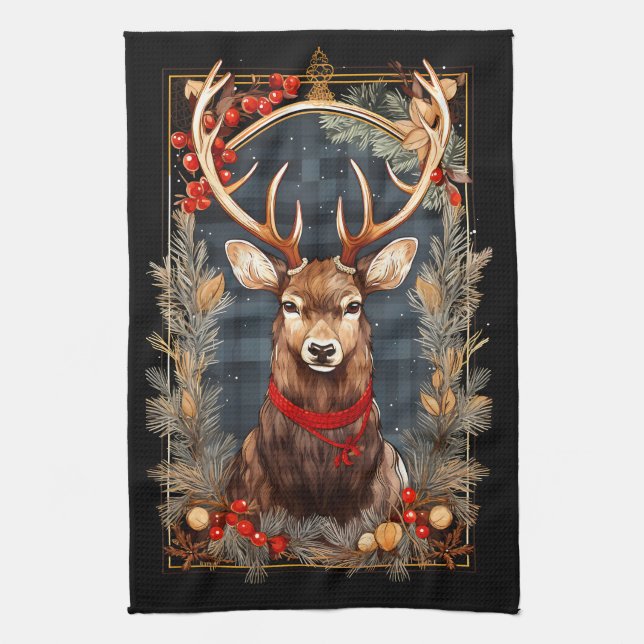 Abstract Reindeer Antlers Red and Green Pine Tea Towel (Vertical)