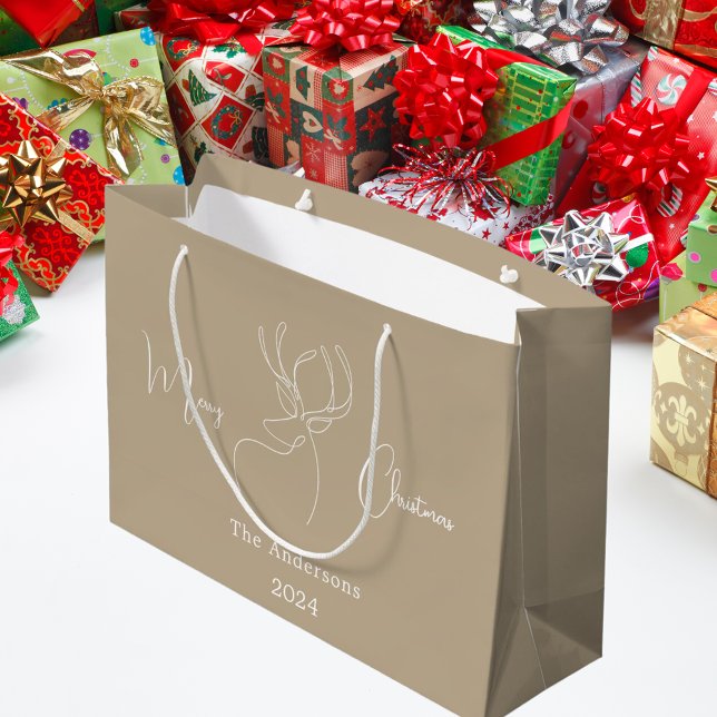 Abstract reindeer beige white modern Christmas Large Gift Bag (Creator Uploaded)