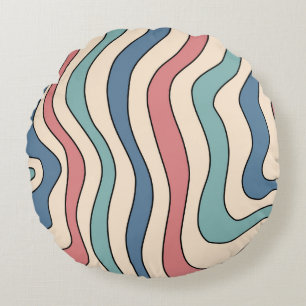 Abstract Retro 70s Marble Blue Red Groovy Pattern Round Cushion