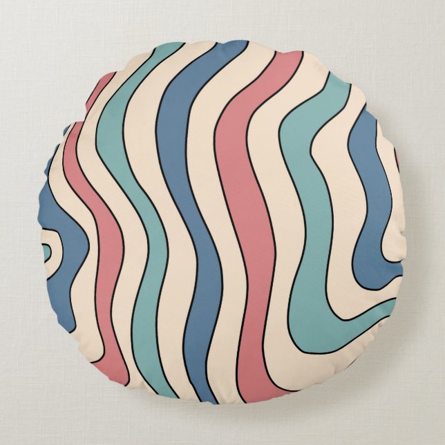 Abstract Retro 70s Marble Blue Red Groovy Pattern Round Cushion (Front)