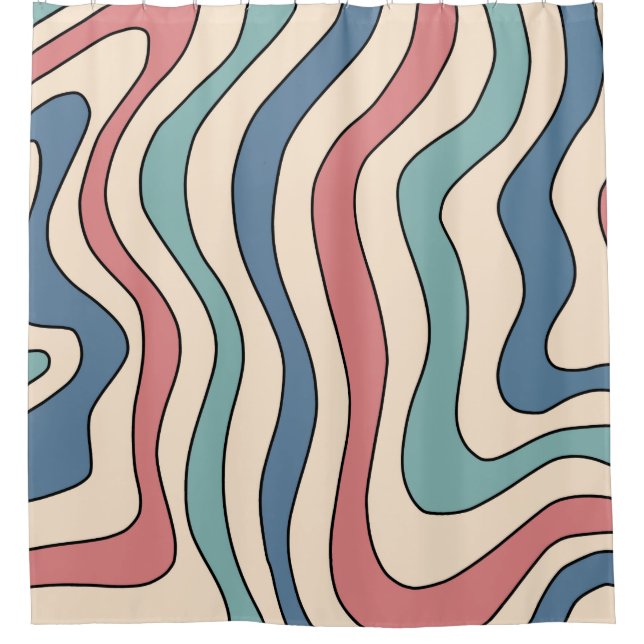 Abstract Retro 70s Marble Blue Red Groovy Pattern Shower Curtain (Front)