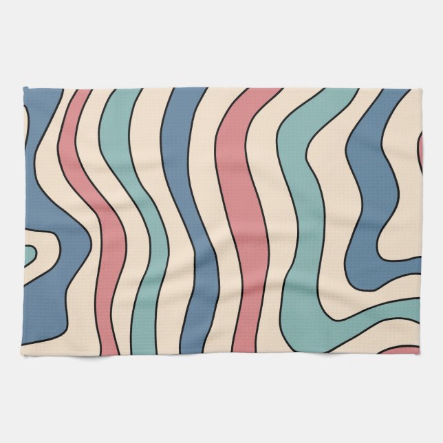 Abstract Retro 70s Marble Blue Red Groovy Pattern Tea Towel (Horizontal)