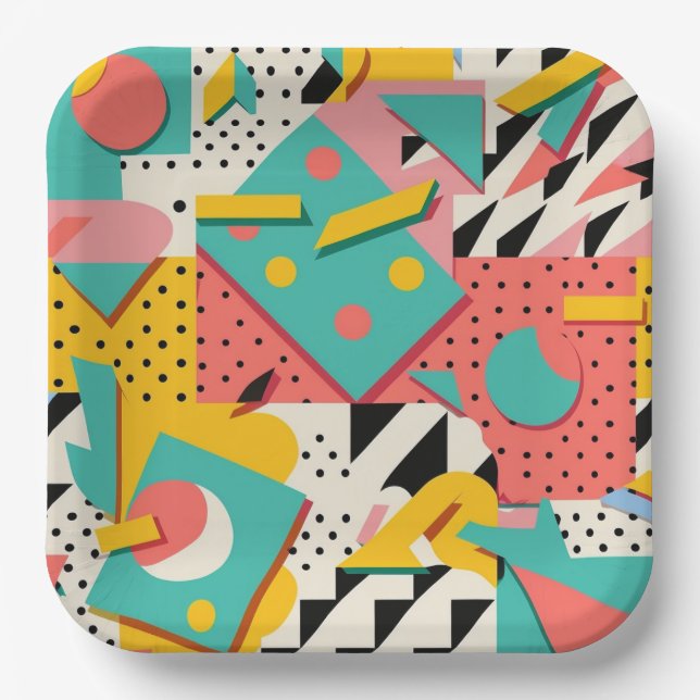 Abstract Retro 80s 90s Themed Party Plates (Front)