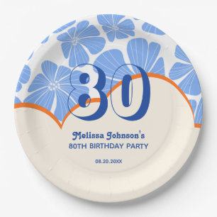 Abstract Retro Blue Chamomile Flower Birthday Paper Plate