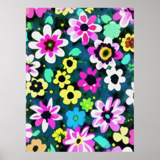 Abstract Retro Boho Spring Flowers Viva Magenta Poster