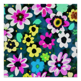Abstract Retro Boho Spring Flowers Viva Magenta Poster