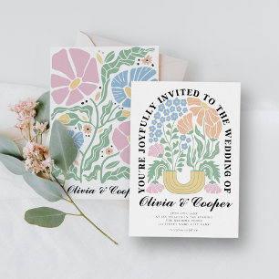 Abstract Retro Bright Colourful Floral Wedding Invitation
