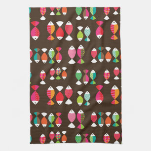 Abstract retro fish underwater pattern 2 tea towel