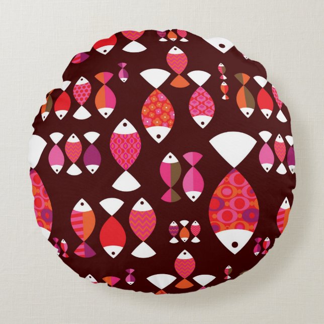 Abstract retro fish underwater pattern round cushion (Front)