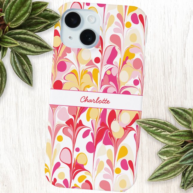 Abstract Retro Marble Pattern Pink Personalised iPhone 15 Case (Modern retro marble pattern pink orange yellow personalized name cell phone case)