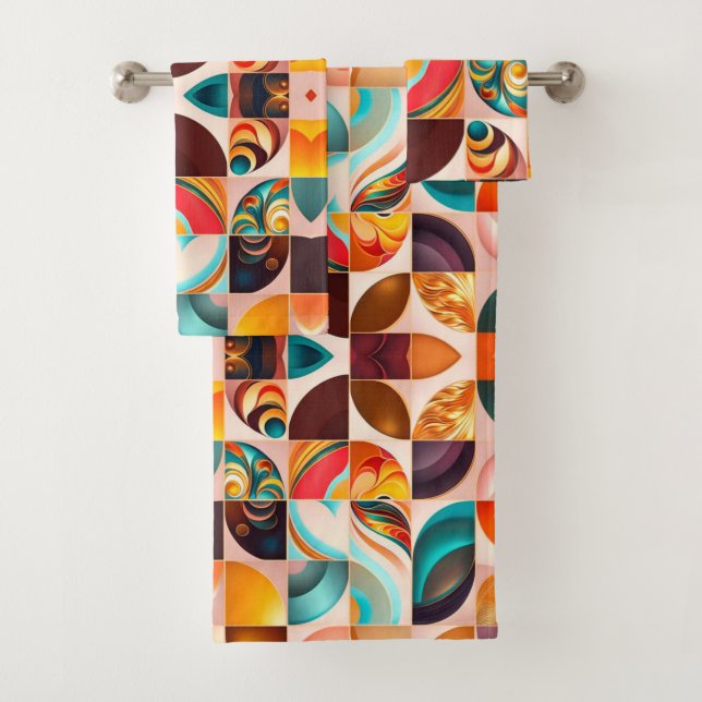 Abstract Retro Modern Squares Collection Bath Towel Set (Insitu)