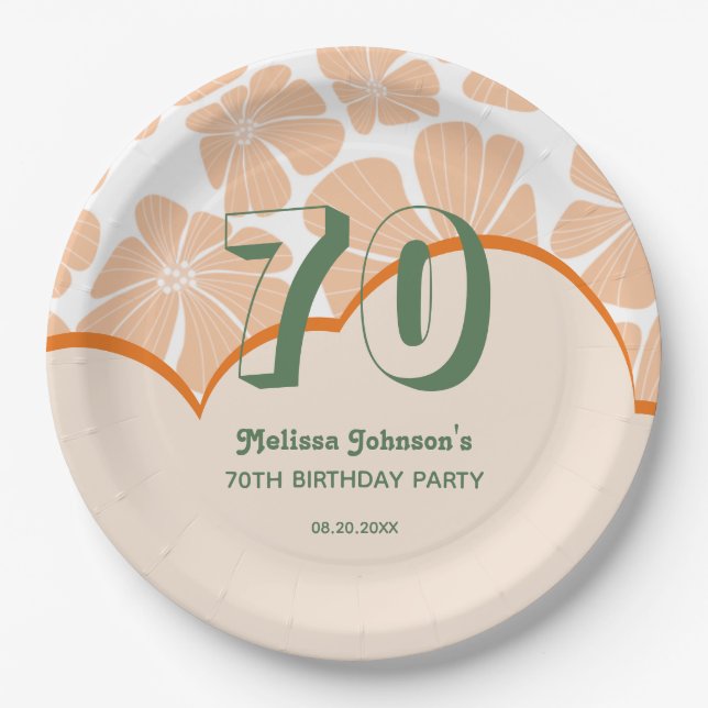 Abstract Retro Orange Chamomile Flower Birthday Paper Plate (Front)