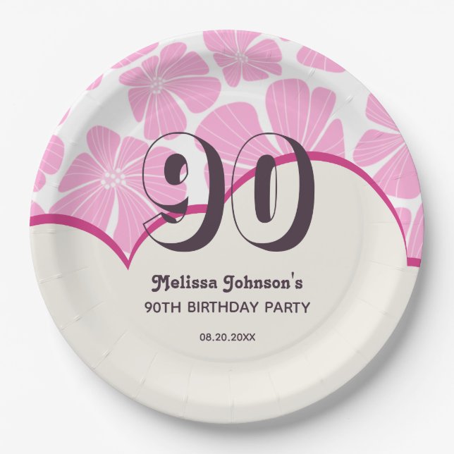 Abstract Retro Pink Chamomile Flower Birthday Paper Plate (Front)