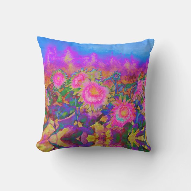 Abstract retro pink floral pink sunflower fields  cushion (Front)