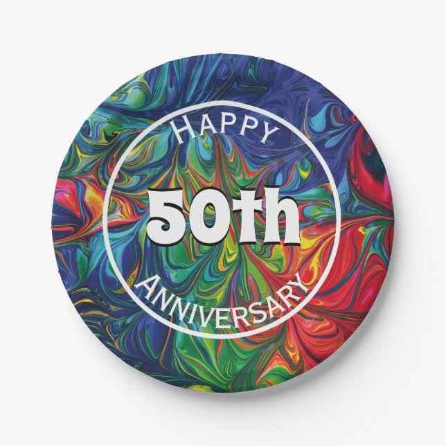 Abstract Retro Psychedelic Happy 50th Custom Paper Plate (Front)