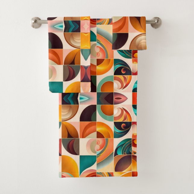 Abstract Retro Trendy Squares Collection Bath Towel Set (Insitu)