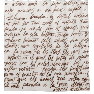 Abstract retro unreadable brown ink-written text.  shower curtain