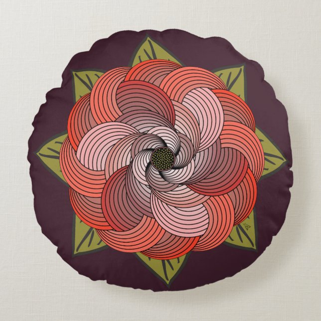 Abstract Ribbon Rose in Coral and Moss on Fig Round Cushion (Front)