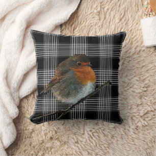 Abstract robin bird on black tartan chequered cushion