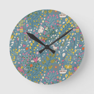 Abstract romantic pattern with cartoon round clock