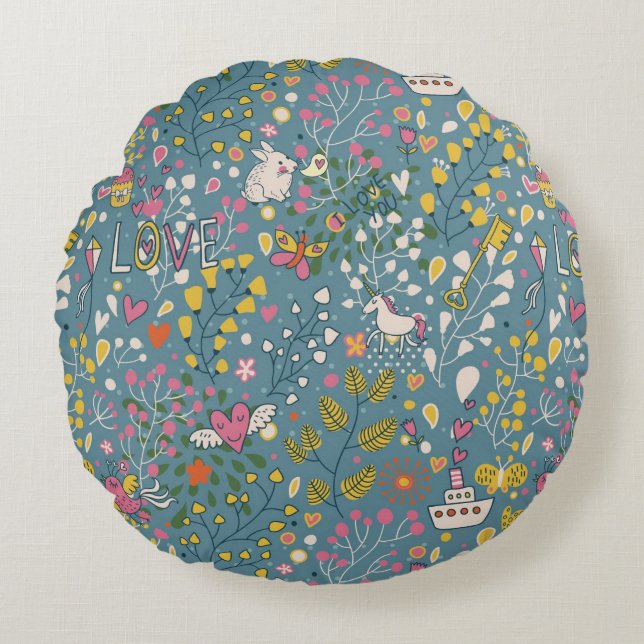 Abstract romantic pattern with cartoon round cushion (Front)