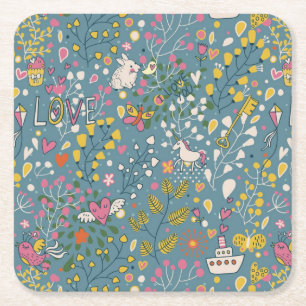 Abstract romantic pattern with cartoon square paper coaster