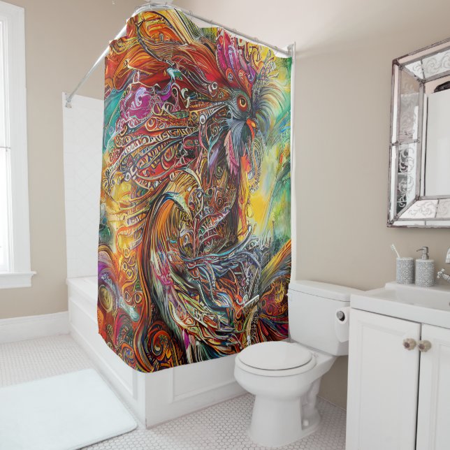 Abstract Rooster Fantasy Shower Curtain (In Situ)