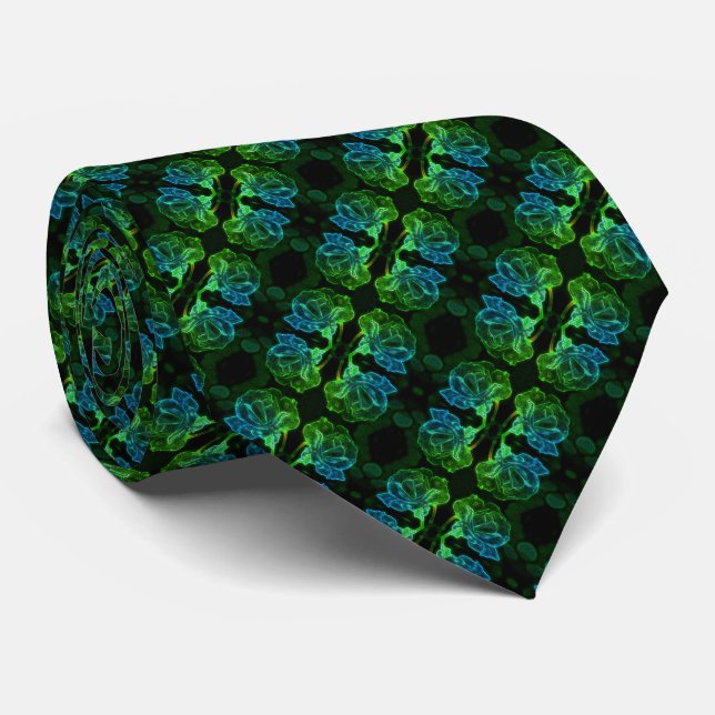 Abstract Rose Fantasy Flower Green Tie (Rolled)