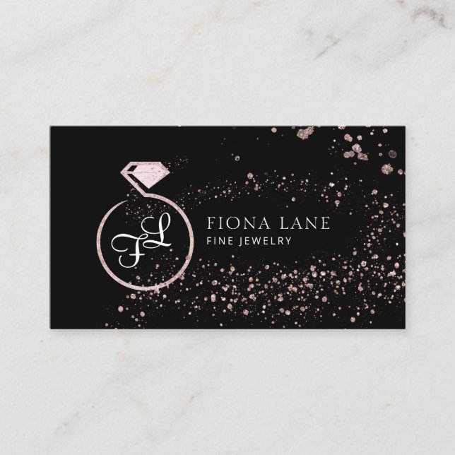 Abstract Rose Gold Paint Splatter Jewellery Logo Business Card (Front)
