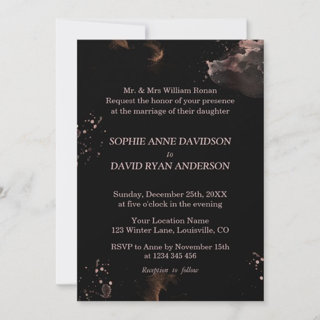 Abstract Rose Gold Washes Black Wedding Formal Invitation (Front)