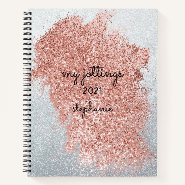 Abstract Rose Pink Splash Silver Glitter Monogram Notebook (Front)