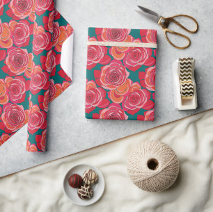 Abstract Roses In Shades Of Pink Red And Orange Wrapping Paper
