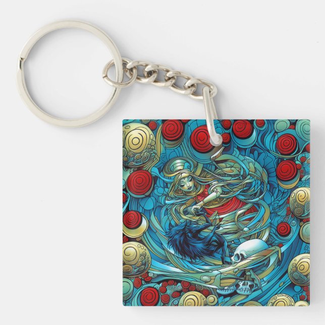 Abstract Roses Priestess Witchy Colourful AI Art Key Ring (Front)