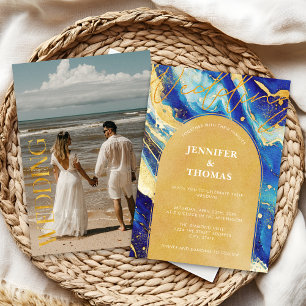 Abstract Royal Navy Blue Gold Photo Arch Wedding Invitation