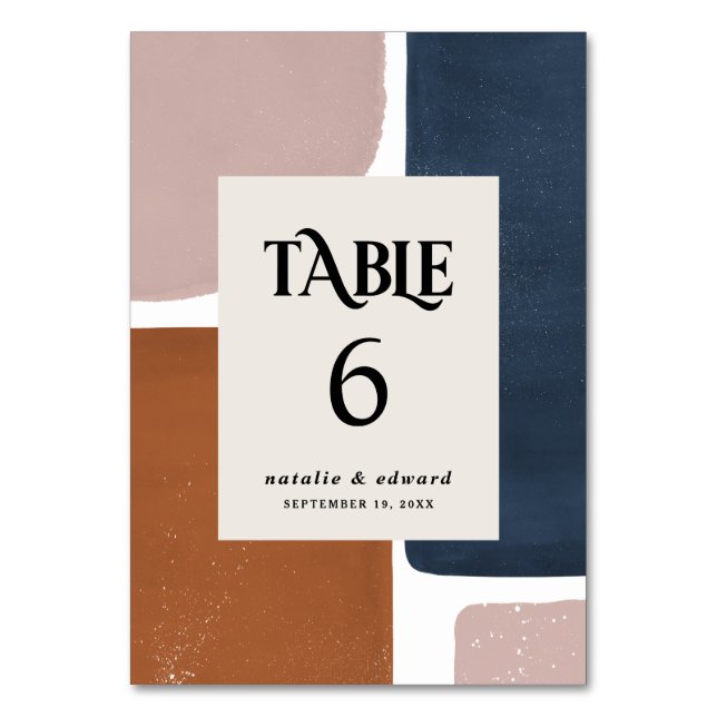 Abstract rust, navy + pink modern contemporary table number (Back)