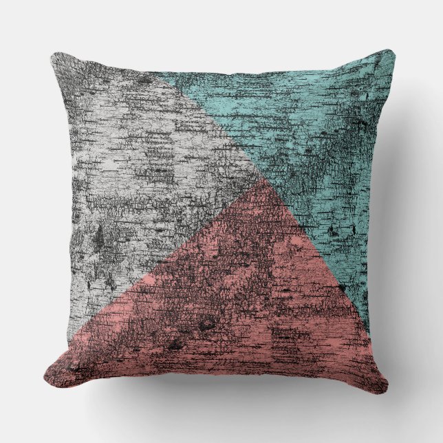 Abstract Rustic Birch Teal Coral Grey Cushion (Front)