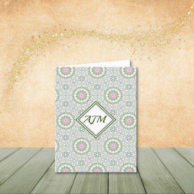 Abstract Sage and Pink Floral Wheels Note Cards (Personalize to add your initials. Customize to remove optional monogram frame.)