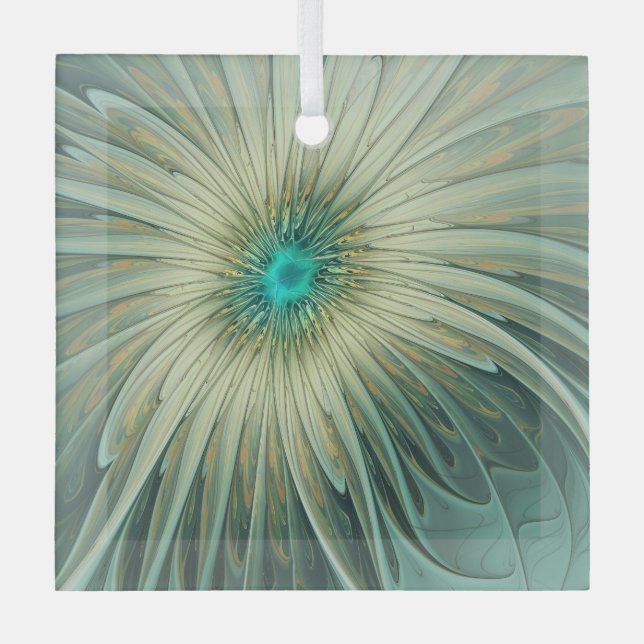Abstract Sage Green Fantasy Flower Fractal Art Glass Tree Decoration (Front)
