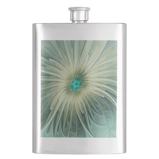 Abstract Sage Green Fantasy Flower Fractal Art Hip Flask (Front)
