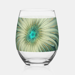 Abstract Sage Green Fantasy Flower Fractal Art Stemless Wine Glass