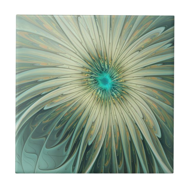 Abstract Sage Green Fantasy Flower Fractal Art Tile (Front)
